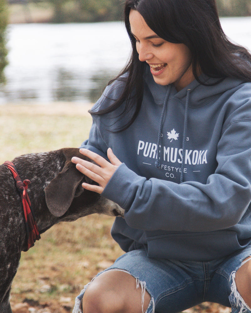 Heritage Hoodie - Female Model - Storm Blue - Pure Muskoka