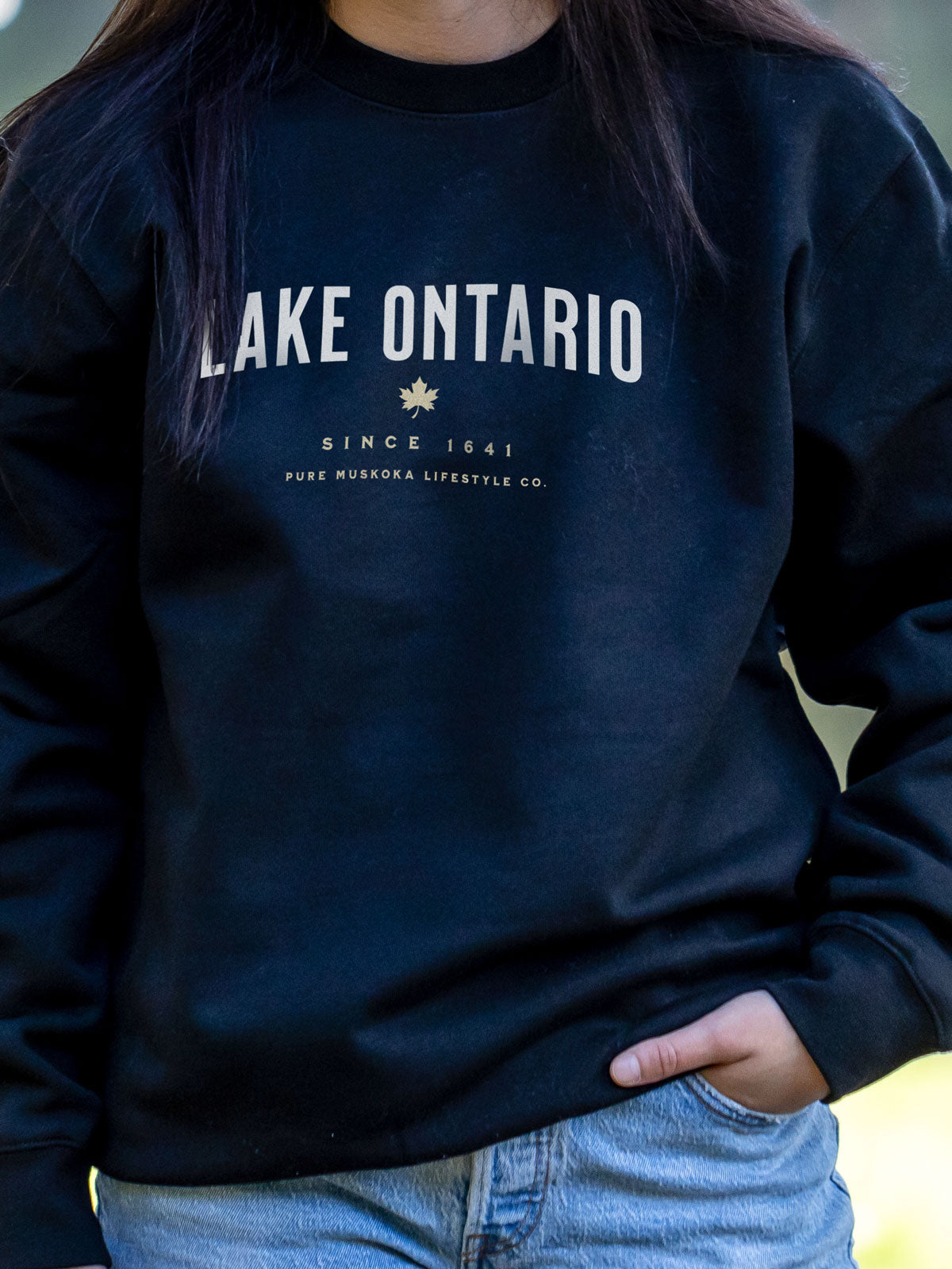Lake Ontario Crewneck - Navy - Female Model - Pure Muskoka