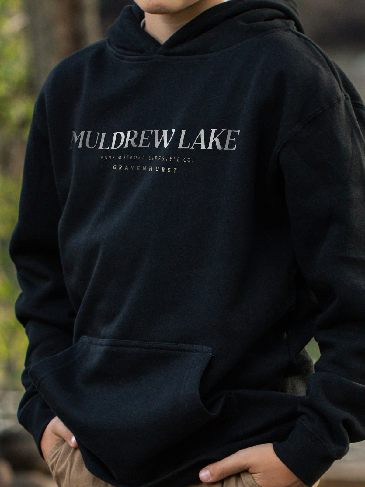 Muldrew Lake Kids Hoodie - Black - Male Model - Pure Muskoka