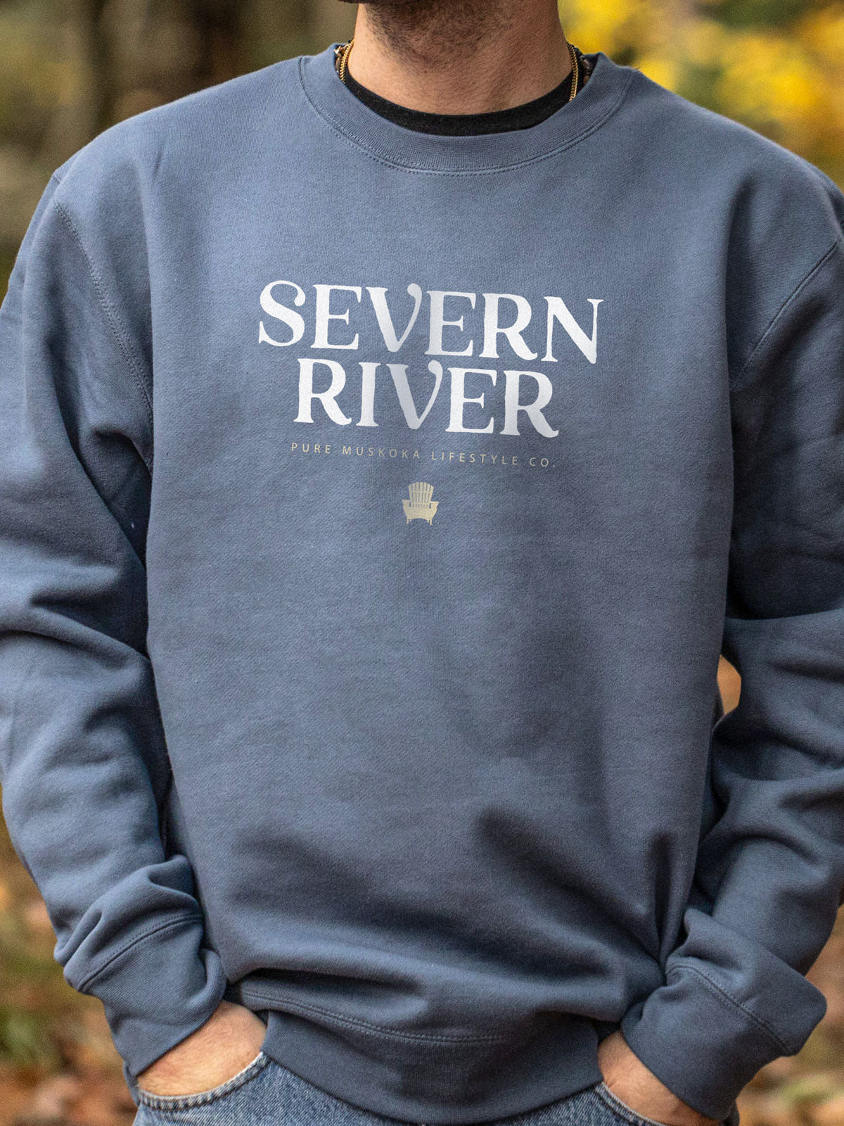 Severn River Crewneck - Storm Blue - Male Model - Pure Muskoka
