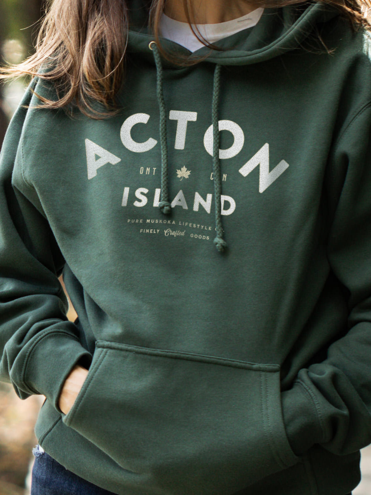 Acton Island unisex hoodie in Alpine Green - Pure Muskoka - Female Model