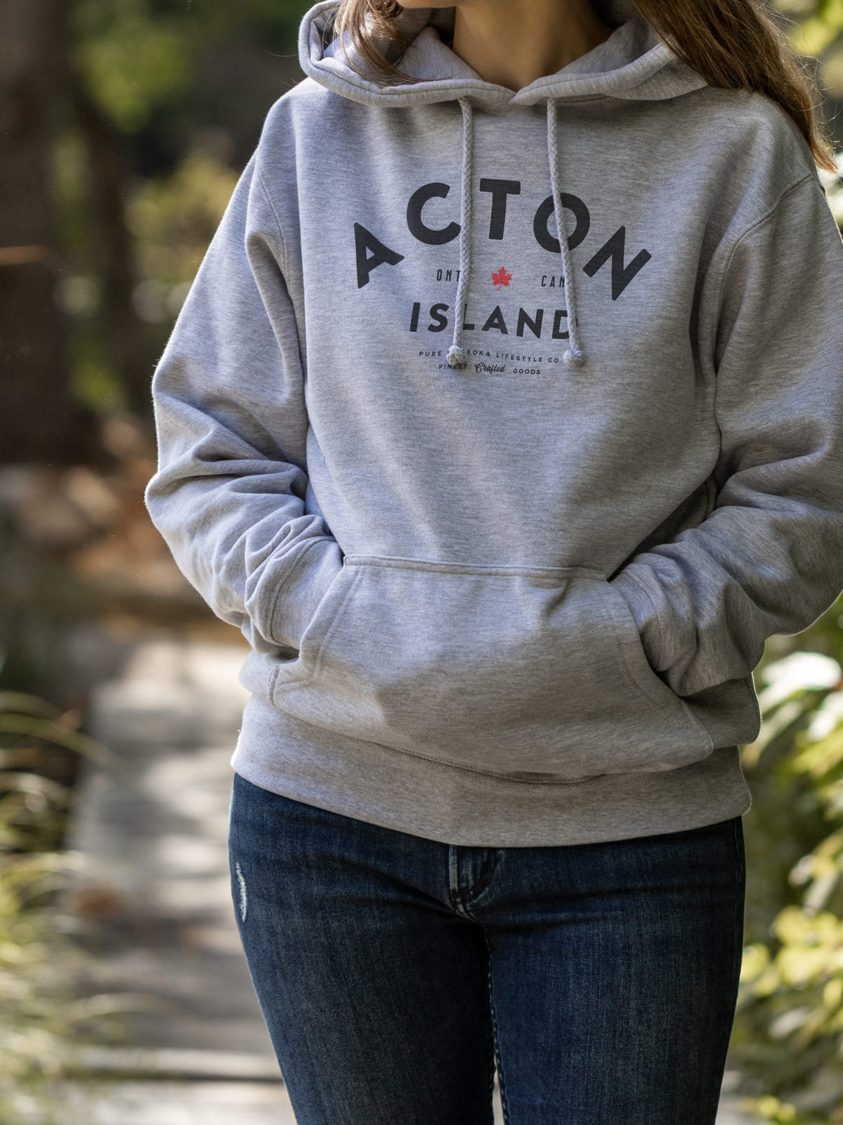Acton Island unisex hoodie in Athletic Grey - Pure Muskoka - Female Model