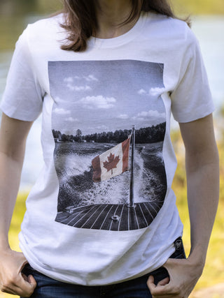The Boat Flag - Canada Day T-Shirt - Female Model - Pure Muskoka