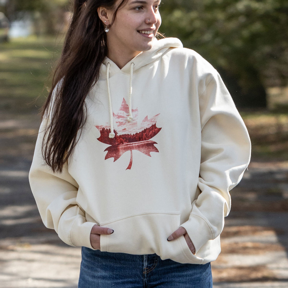 Muskoka Canada Leaf Hoodie - Female Model - Pure Muskoka