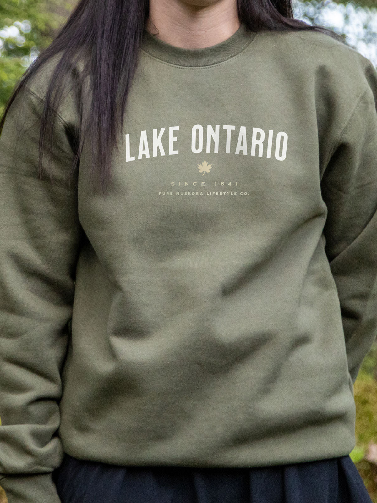 Lake Ontario Crewneck - Army Green - Female Model - Pure Muskoka