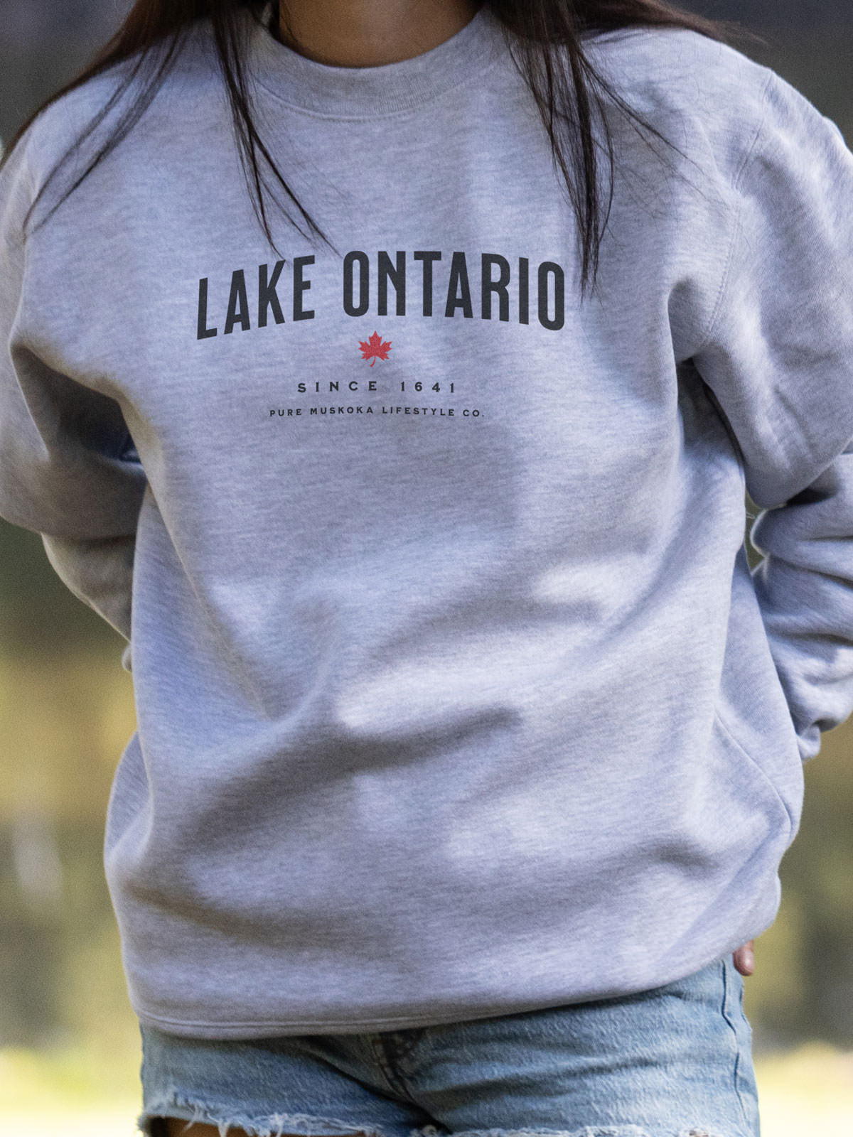 Lake Ontario Crewneck - Athletic Grey - Female Model - Pure Muskoka