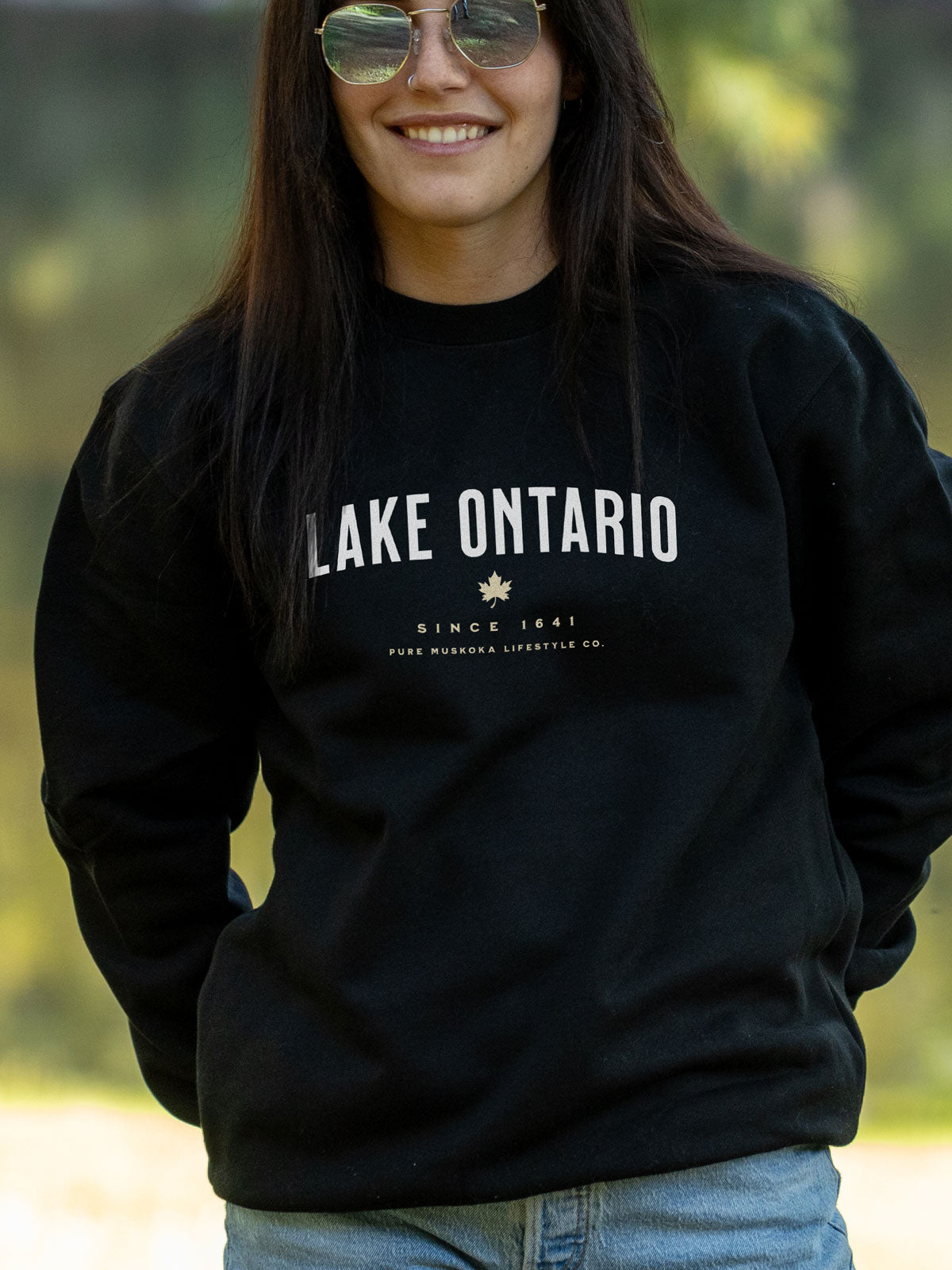 Lake Ontario Crewneck - Black - Female Model - Pure Muskoka