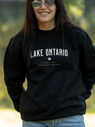 Lake Ontario Crewneck - Black - Female Model - Pure Muskoka