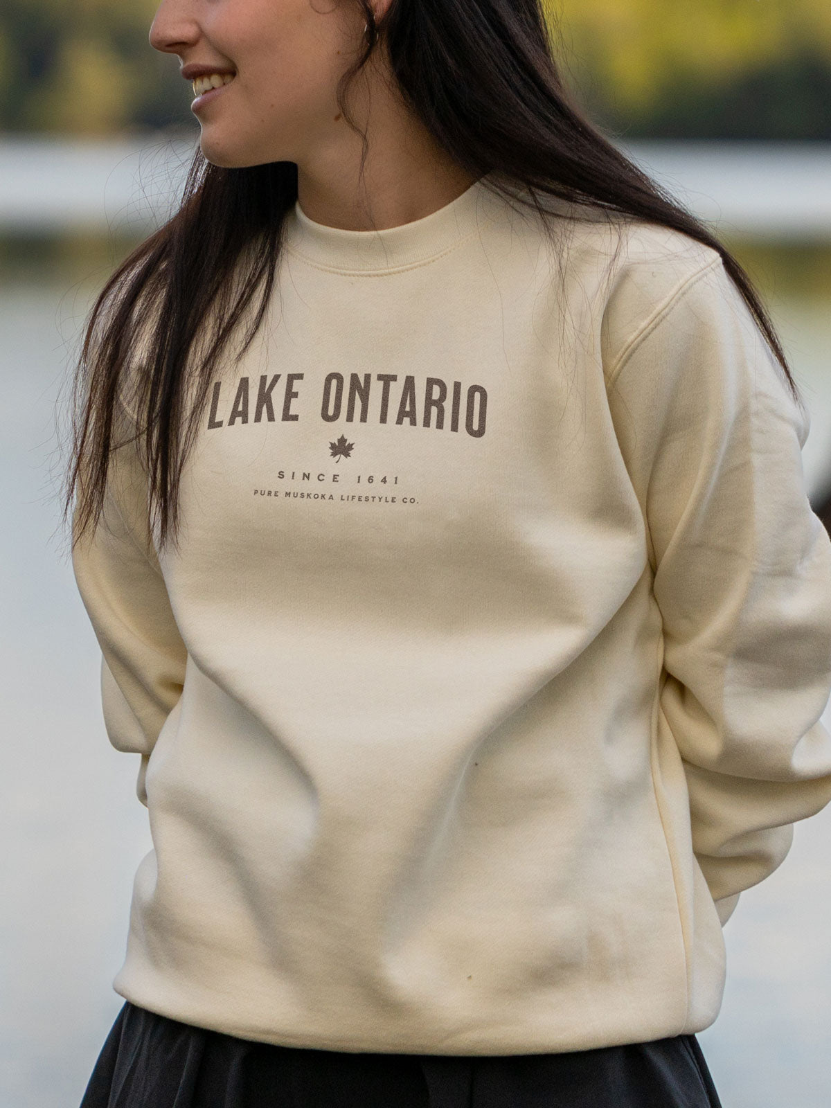 Lake Ontario Crewneck - Bone - Female Model - Pure Muskoka