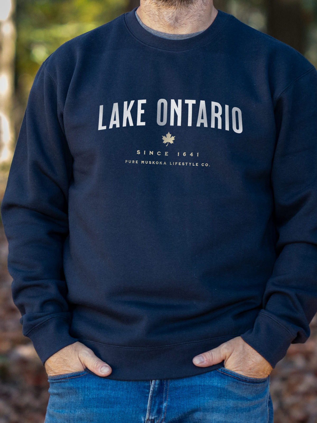 Lake Ontario Crewneck - Navy - Male Model - Pure Muskoka