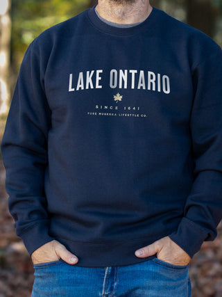 Lake Ontario Crewneck - Navy - Male Model - Pure Muskoka