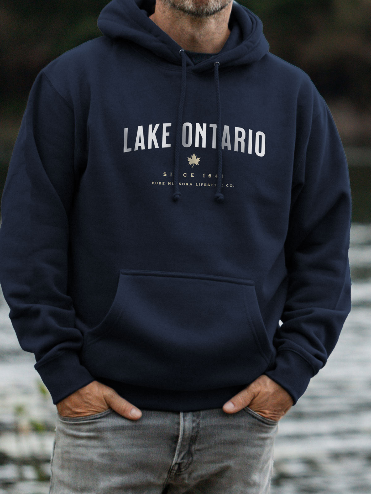Lake Ontario Hoodie - Navy - Male Model - Pure Muskoka