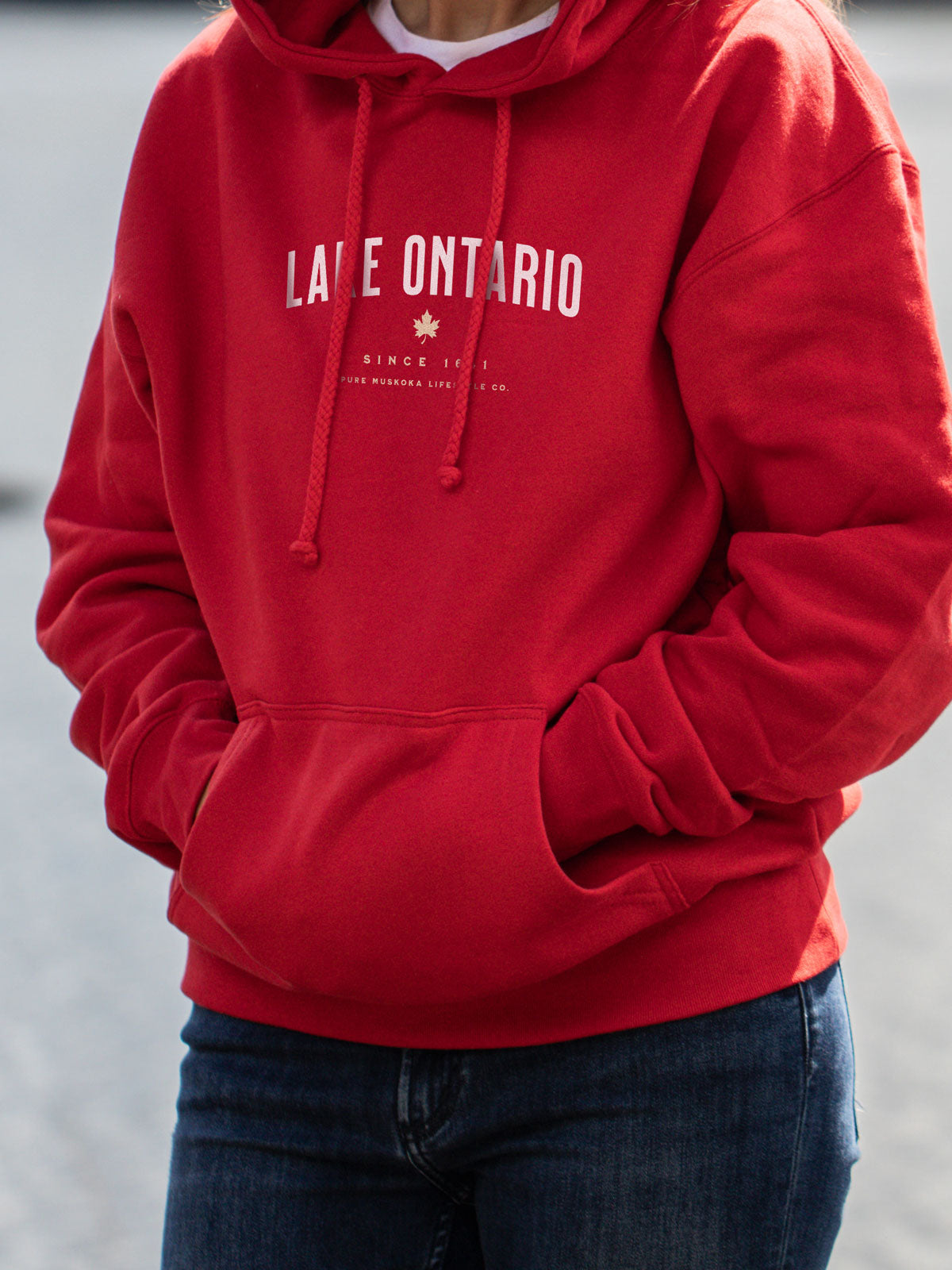 Lake Ontario Hoodie - Red - Female Model - Pure Muskoka