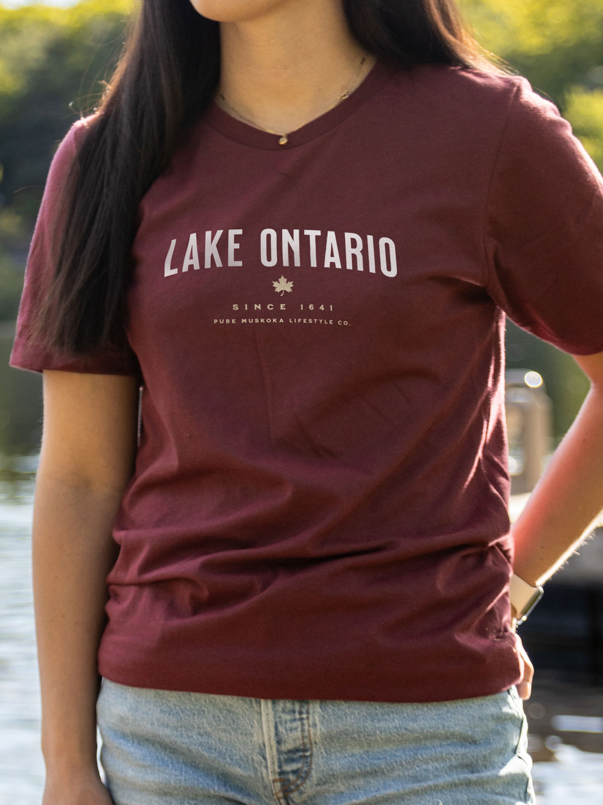Lake Ontario T-Shirt - Cardinal - Female Model - Pure Muskoka