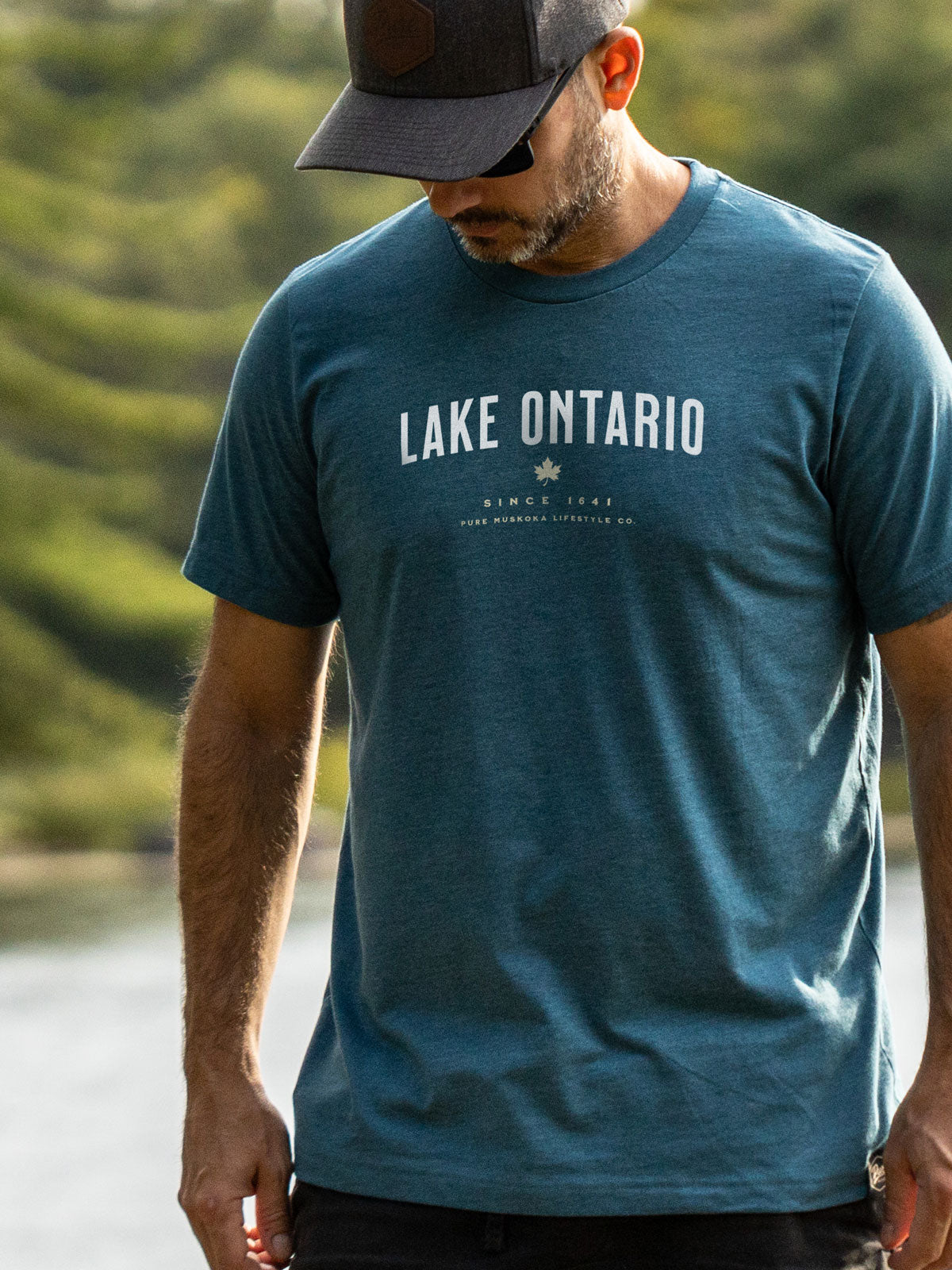 Lake Ontario T-Shirt - Deep Teal - Male Model - Pure Muskoka