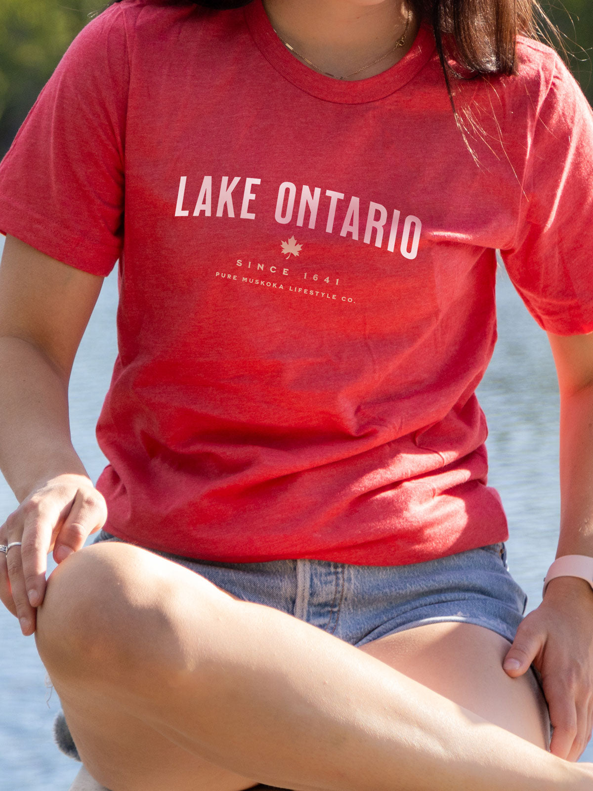 Lake Ontario T-Shirt - Red - Female Model - Pure Muskoka