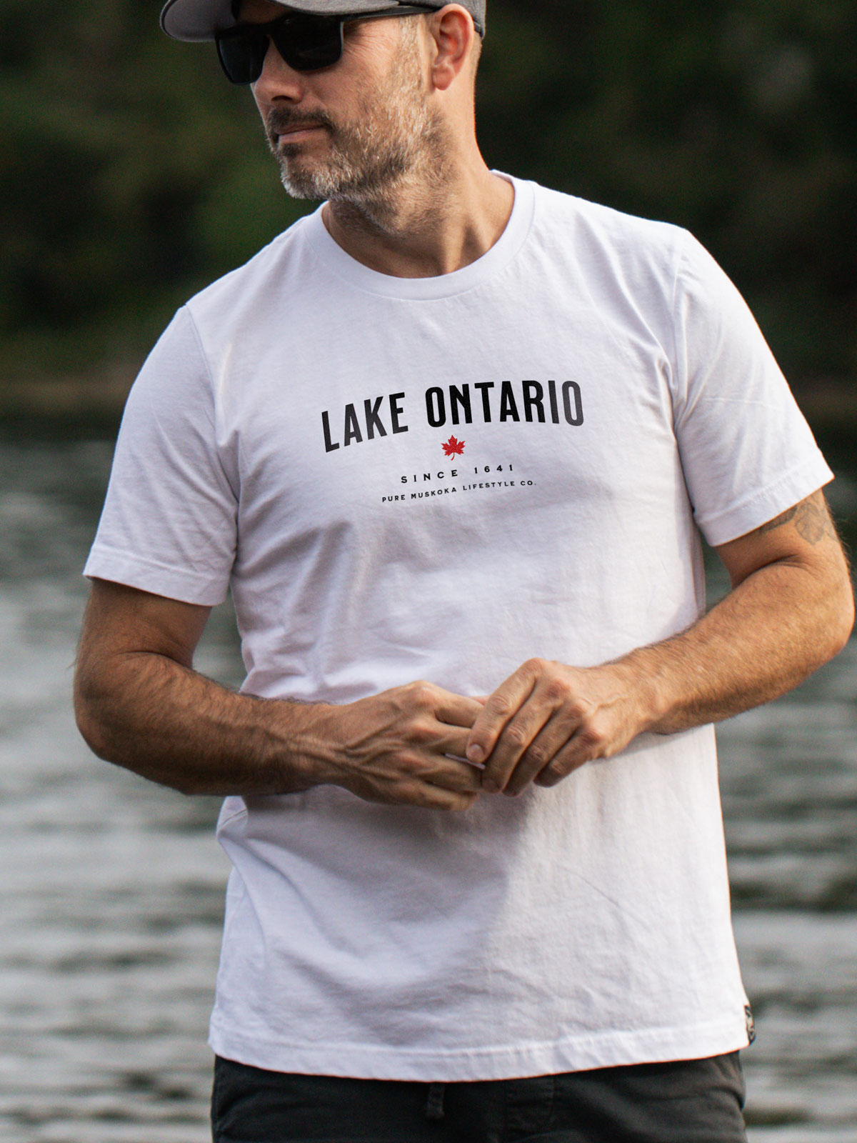 Lake Ontario T-Shirt - White - Male Model - Pure Muskoka