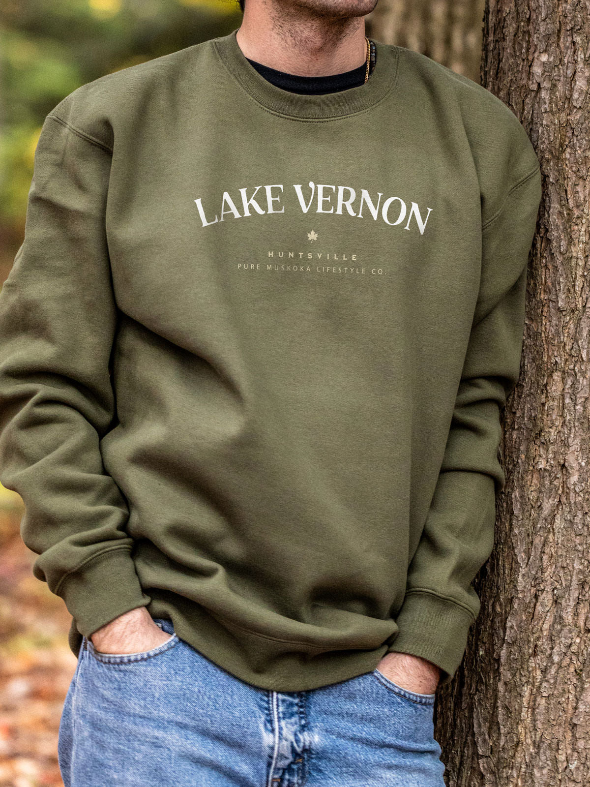 Lake Vernon Crewneck - Army Green - Male Model - Pure Muskoka