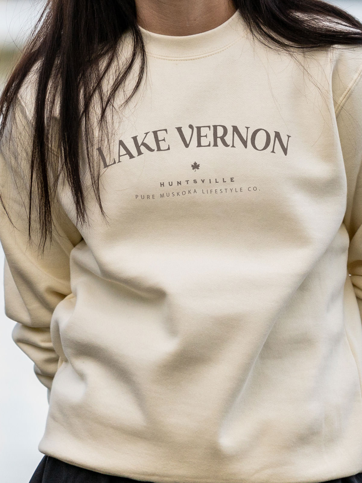 Lake Vernon Crewneck - Bone - Female Model - Pure Muskoka