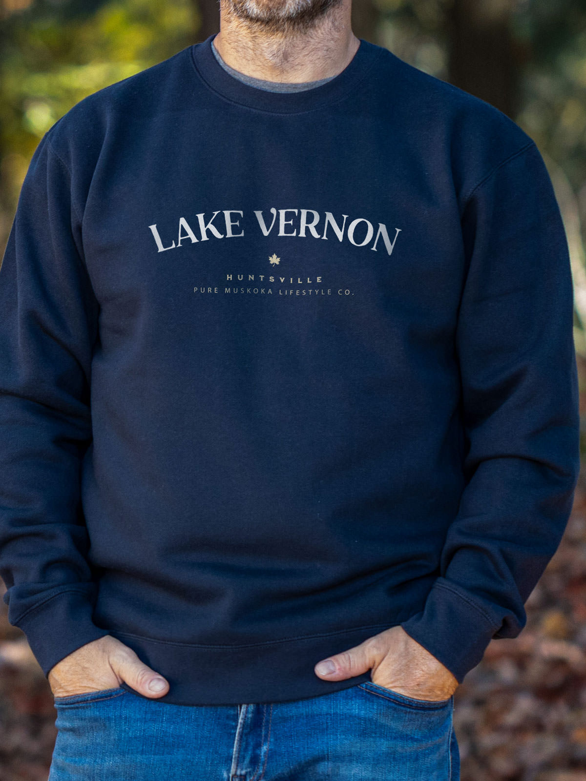 Lake Vernon Crewneck - Navy - Male Model - Pure Muskoka