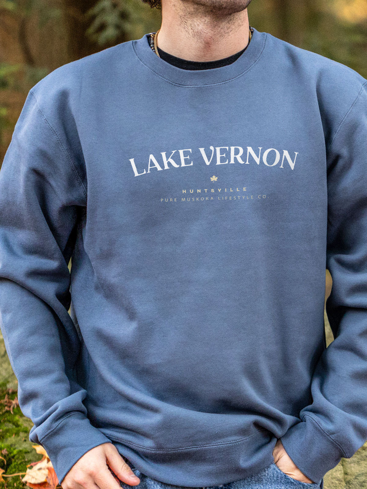 Lake Vernon Crewneck - Storm Blue - Male Model - Pure Muskoka