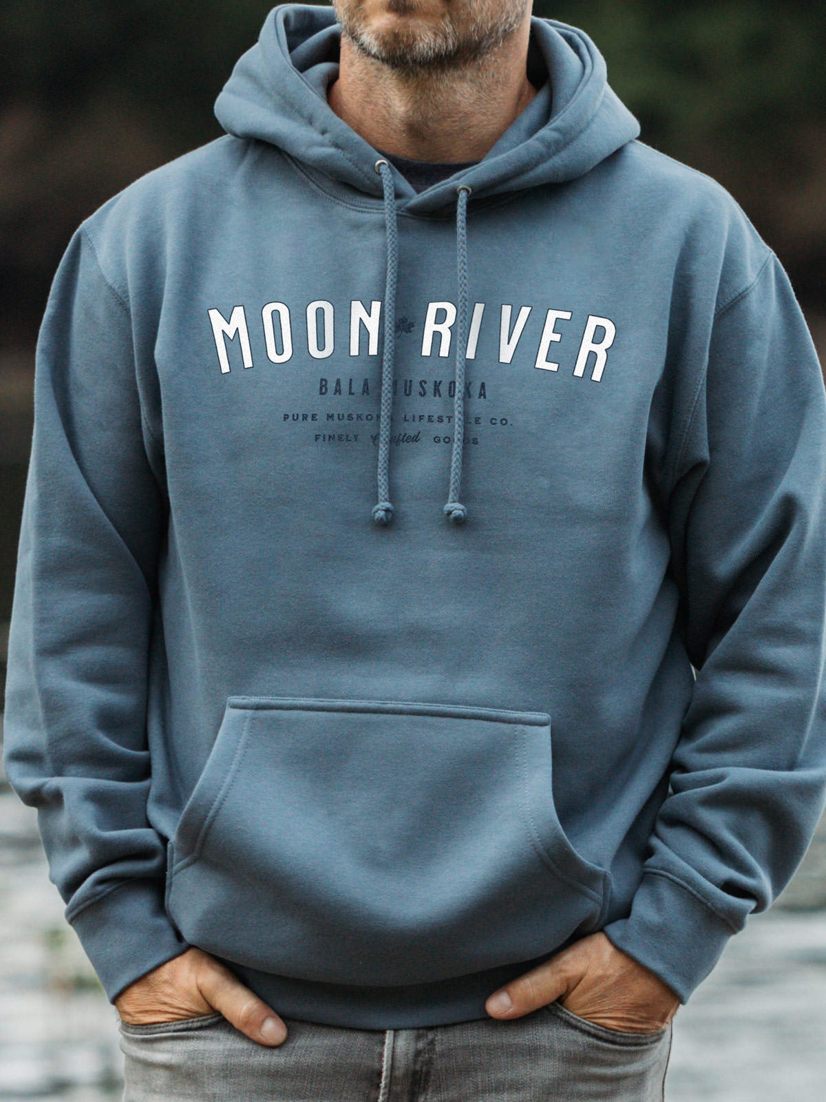 Moon River unisex hoodie in Storm Blue - Pure Muskoka - Male Model
