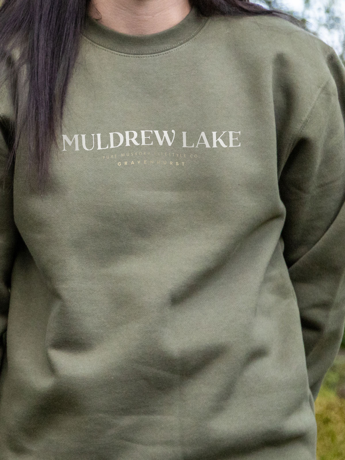 Muldrew Lake Crewneck - Army Green - Female Model - Pure Muskoka