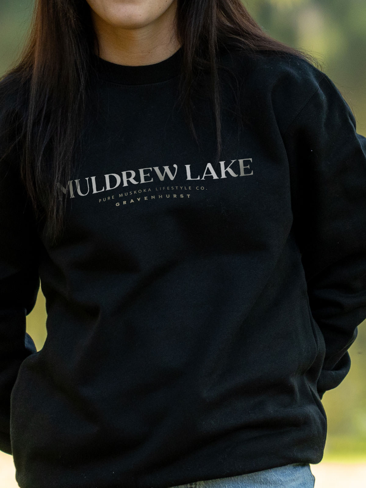 Muldrew Lake Crewneck - Black - Female Model - Pure Muskoka
