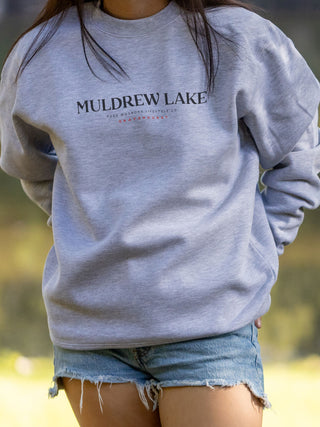 Muldrew Lake Crewneck - Heather Grey - Female Model - Pure Muskoka