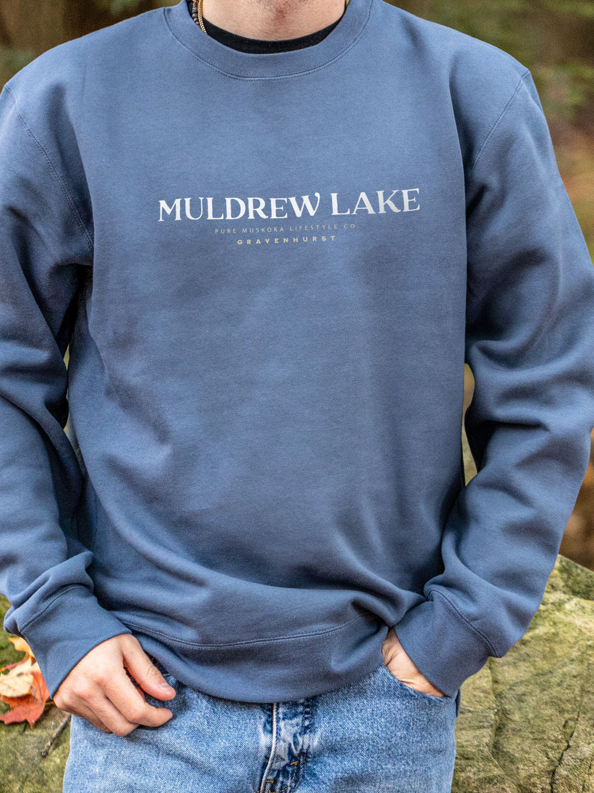 Muldrew Lake Crewneck - Storm Blue - Male Model - Pure Muskoka