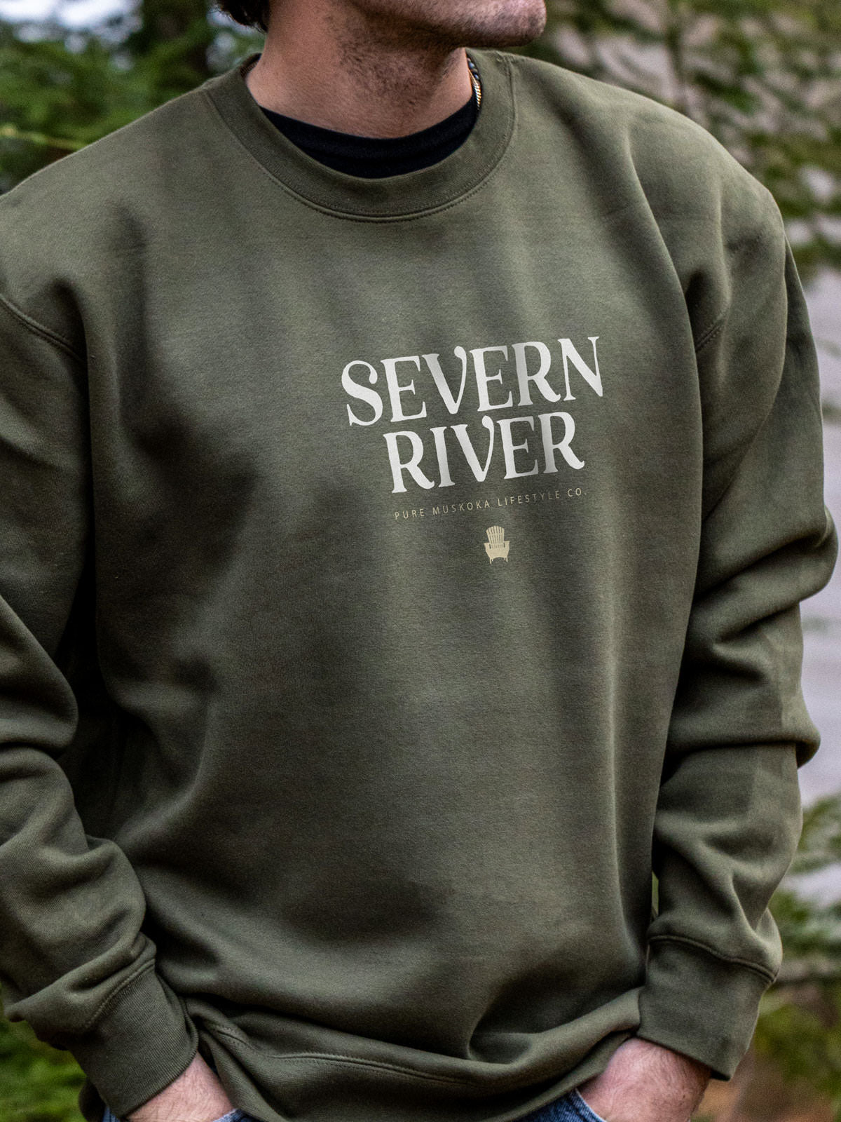 Severn River Crewneck - Army Green - Male Model - Pure Muskoka