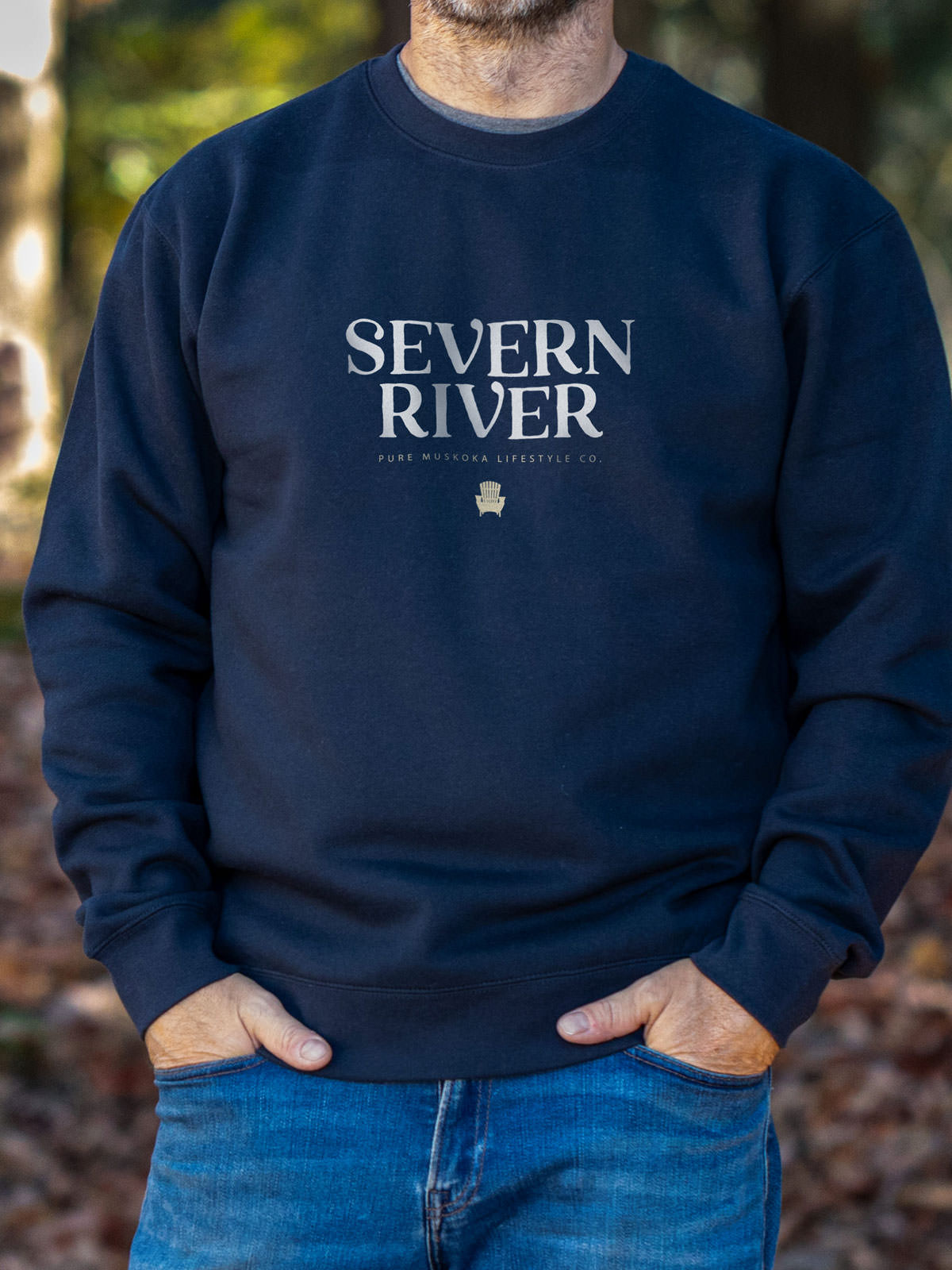 Severn River Crewneck - Navy - Male Model - Pure Muskoka