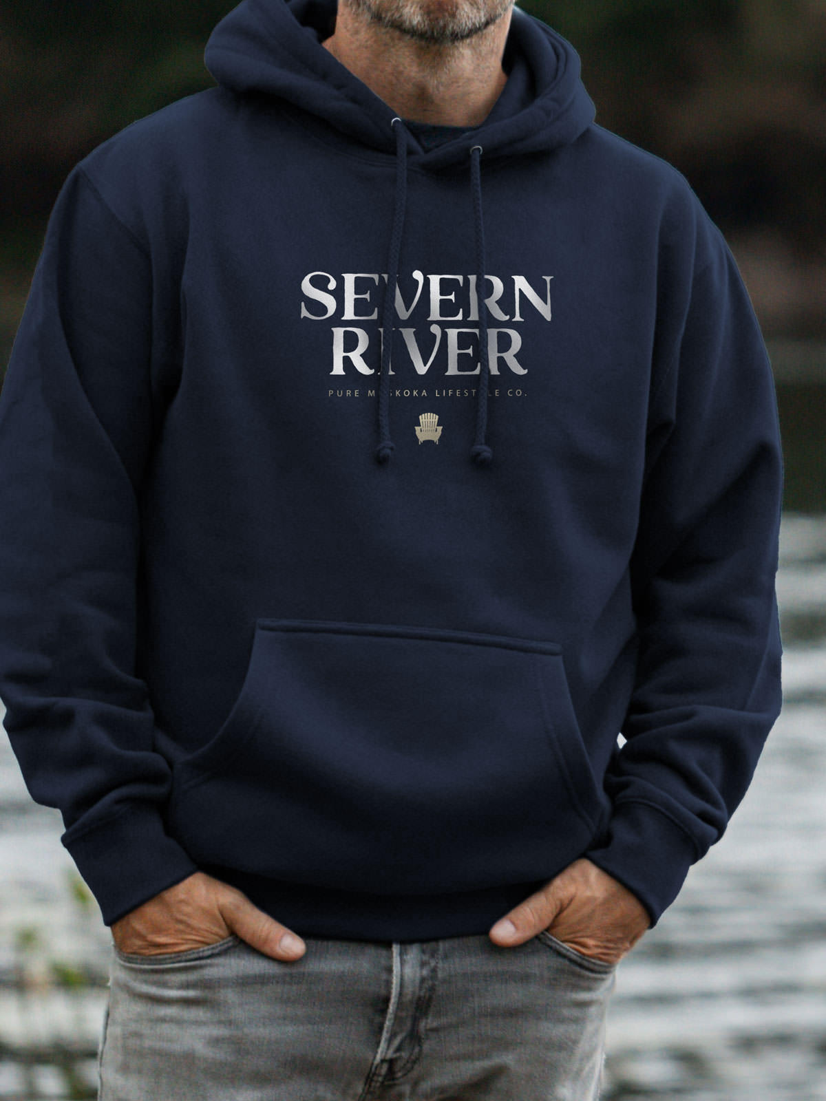 Severn River Hoodie - Navy - Male Model - Pure Muskoka