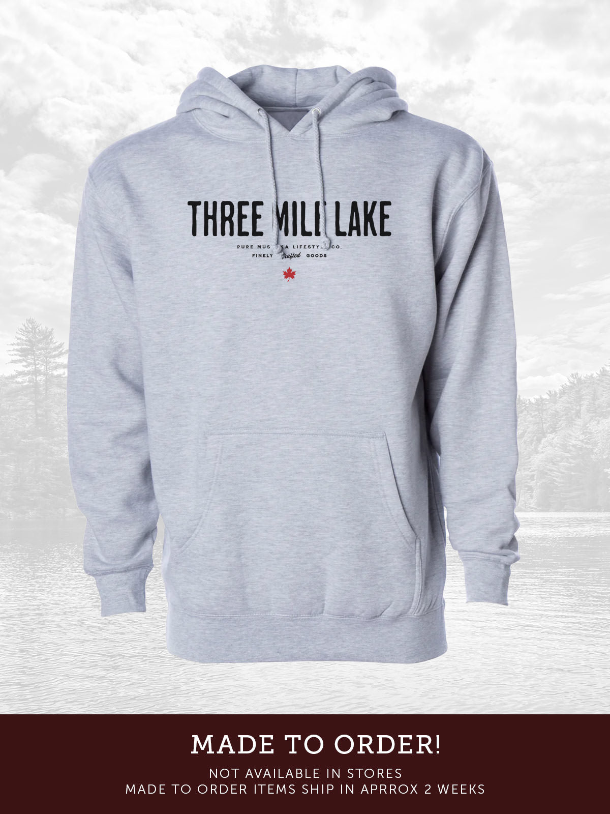 Three Mile Lake unisex hoodie in Athletic Grey - Pure Muskoka