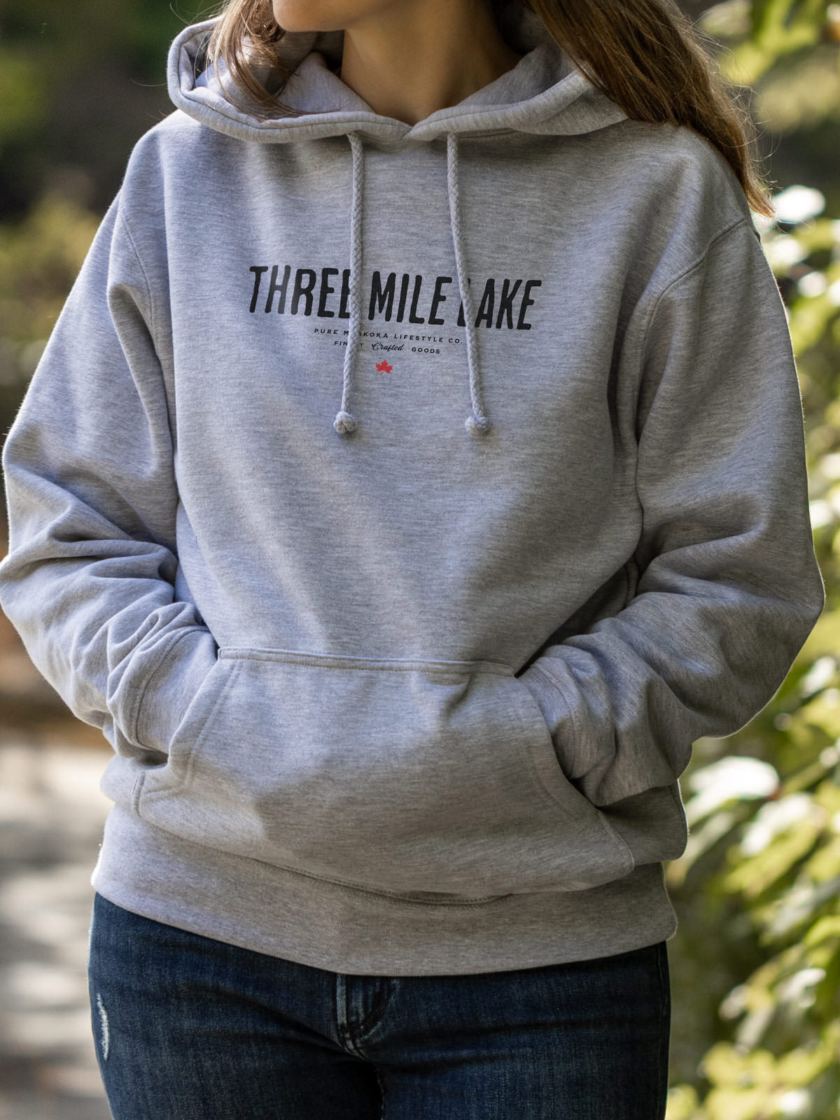 Three Mile Lake unisex hoodie in Athletic Grey - Pure Muskoka - Female Model