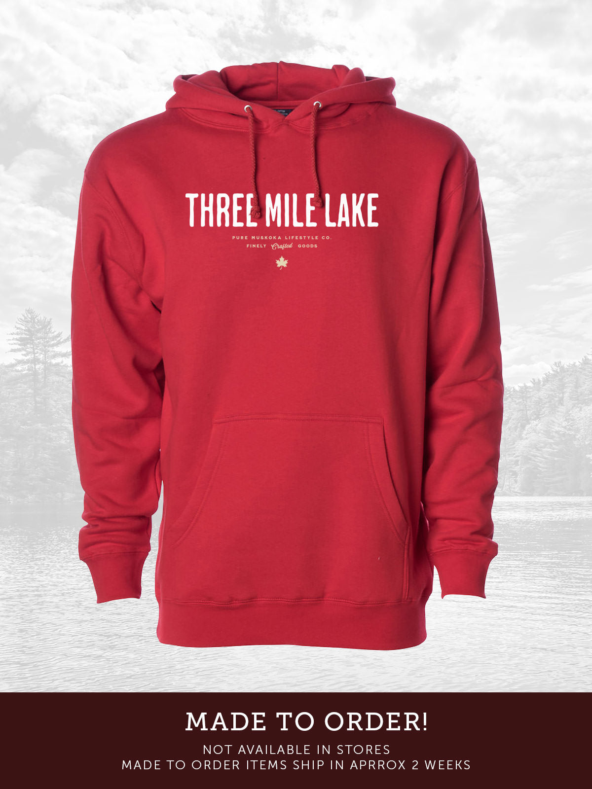 Three Mile Lake unisex hoodie in Red - Pure Muskoka